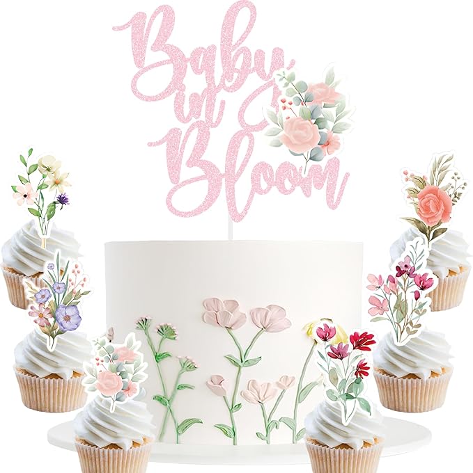 Baby In Bloom Baby Shower Cake Cupcake Toppers Little Wildflower Food Picks Pink Girl Party Decoration