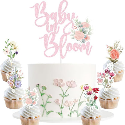 Baby In Bloom Baby Shower Cake Cupcake Toppers Little Wildflower Food Picks Pink Girl Party Decoration