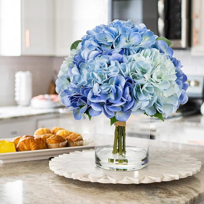 Hollyone Blue Hydrangea Artificial Flowers in Vase Latex Real Touch Large Faux Hydrangea Flowers Arrangements Hydrangeas Fake Flower with Glass Vase with Faux Water for Table Centerpiece Home Decor ﻿