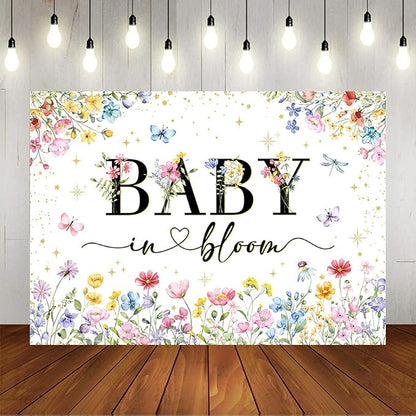 Mocsicka Wildflower Backdrop Baby in Bloom Floral Baby Shower Decorations Girls Butterfly Golden Dot A Little Wildflower is On The Way Decorations for Baby Shower Background Banner