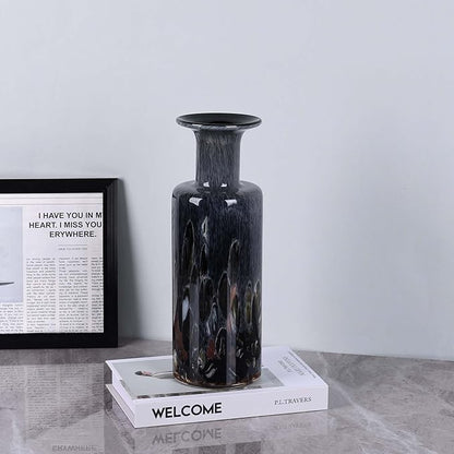 Hand Blown Glass Vase Smoke Gray – Murano Style Art Glass Vase with Wide Mouth for Flowers, Unique Bubble Vase, Modern Coastal Glass Decor for Dining Room, Coffee Table, Living Room Display(Gray)