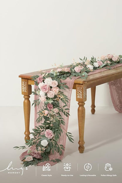 Ling's moment Flower Garland - 6FT Eucalyptus & Rose - Pink Sweetheart Table Decor for Wedding Reception, Artificial Floral Garland for Mantle, Thanksgiving, Christmas Decoration, Dusty Rose