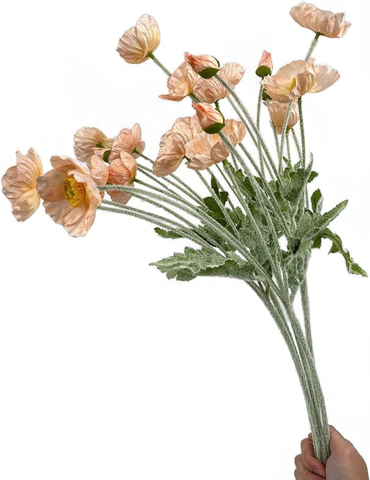 Set of 6 Poppies Flowers Artificial Silk Flowers with Long Stems Faux Wildflowers Bouquet for Vases Oil Pastel Style for Wedding Party Indoor Home Office Decor (Coral Pink)