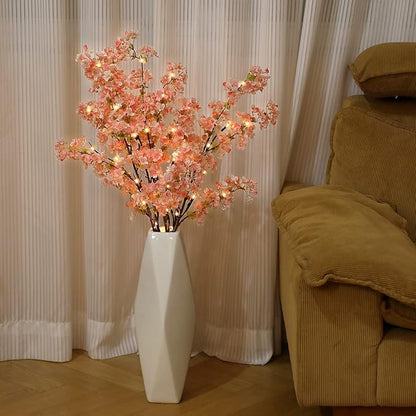 Sunm Boutique 3 PCS Silk Cherry Blossom Branches - Lighted Brown Twig Branches, Artificial White Flower Stems, 39'' Faux Tree for Wedding Home Decor