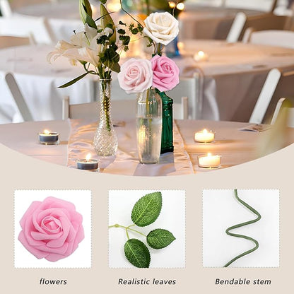 200PCS Pink Artificial Flowers Roses Real Looking Foam Fake Roses with Leaves for DIY Wedding Bouquets Bridal Shower Party Decorations (Pink Series, 200)