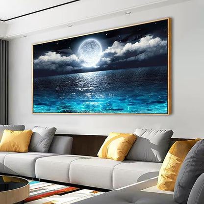 Canvas Wall Art for Living Room Bedroom Office Framed Ocean Beach Wall Art Paintings Pictures Artwork Moon Waves Blue Wall Decor 2.7cm Thick Frame, 20 * 40inch