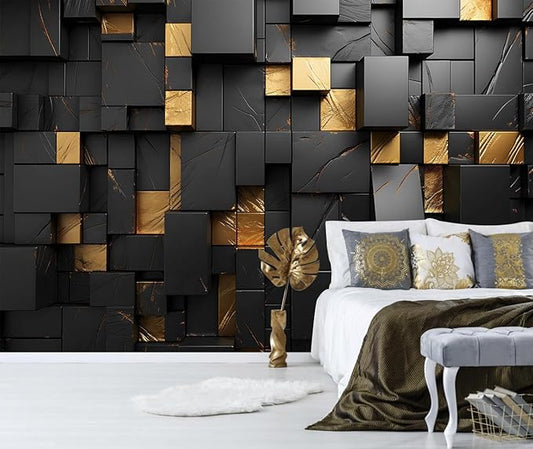 Black Gold Geometric Wallpaper Peel and Stick 3D Large Self Adhesive Wall Mural for Living Room 137"x100"