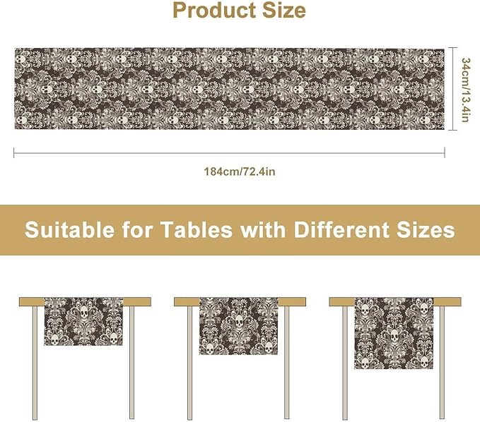 Gothic Table Runner,Damask Skull Victorian Black Floral Boho Table Runner for Home Kitchen Table Dining Garden Farmhouse Wedding Party Decor 13x120 Inch