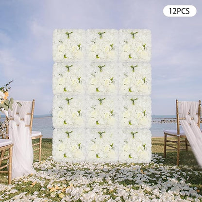 Flower Wall Panel Set,White Artificial Wall Flower Backdrop,12 Pcs 15" X 15" 3D Silk Hydrangea Rose Floral Panel,Faux Roses Artificial Flower Backdrop for Wall Decor
