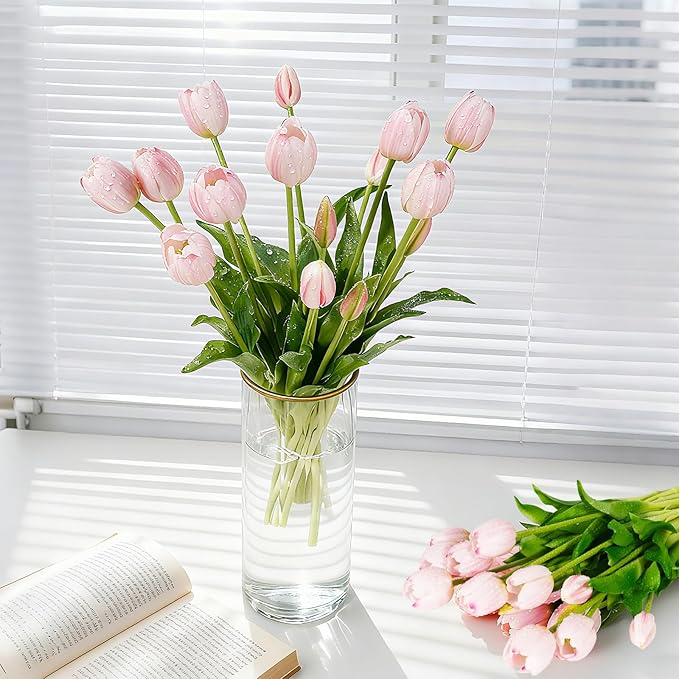 15Pcs Fake Tulips Artificial Flowers Real Touch Latex Bouquet Faux Tulips for Centerpiece Arrangements Wedding Party Home Décor (Light Pink)