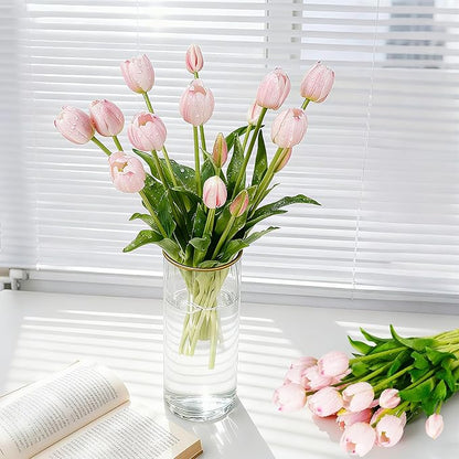 15Pcs Fake Tulips Artificial Flowers Real Touch Latex Bouquet Faux Tulips for Centerpiece Arrangements Wedding Party Home Décor (Light Pink)