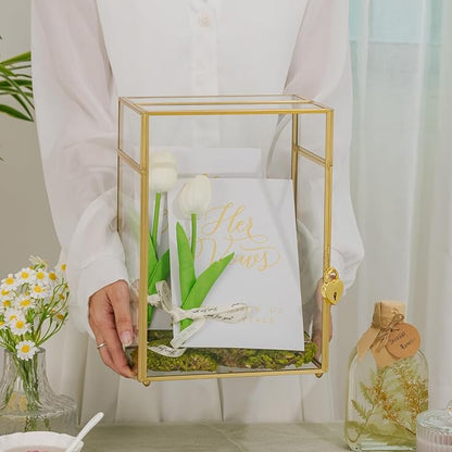 NCYP Small Glass Cards Box with Slot and Lock for Wedding, 8" x 5.5" x 11.3" - Home Birthdays Party Tabletop Decor, Gold, Clear Envelopes Terrarium (Card Box Only)