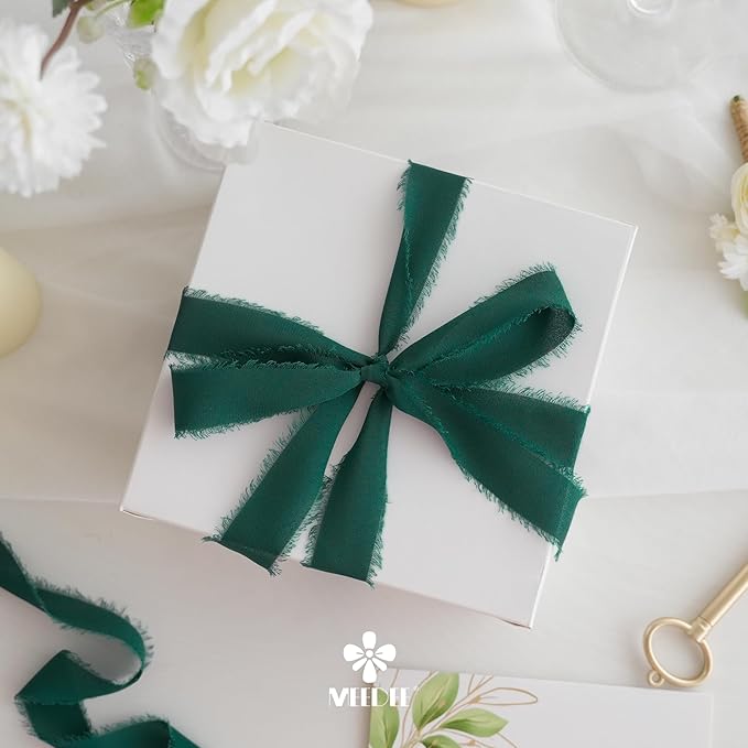 MEEDEE Dark Green Chiffon Ribbon 1 Inch Green Frayed Ribbons Green Chiffon Silk Hunter Green Ribbon Thin Chiffon Ribbons for Crafts, Gift Wrapping, Wedding Invitation (3 Rolls 21 Yards)