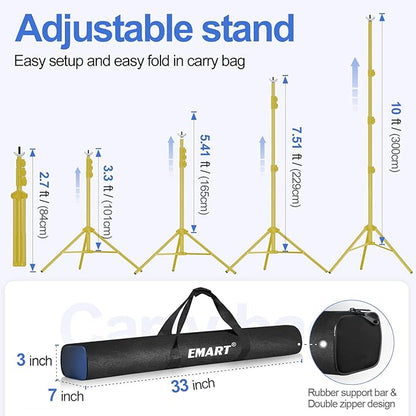 EMART Backdrop Stand 10x10ft(WxH) Photo Studio Adjustable Background Stand Support kit with 2 Crossbars, 8 Clamps, 2 Sandbags and Carry Bag for Parties, Events Decoration, Wedding -Titanium Gold