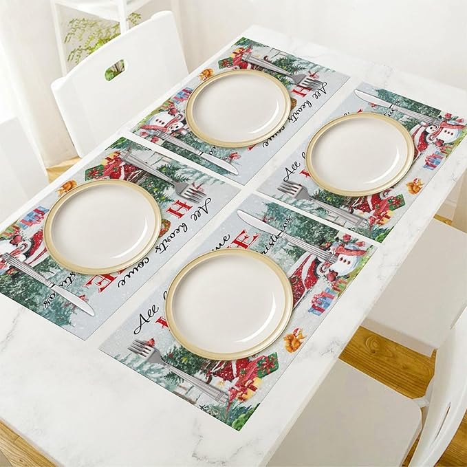 Merry Christmas Placemats Buffalo Plaid Red Truck with Christmas Tree, Winter Snowy Snowflake Snowman Placemats Table Kitchen Dining Party 12x18 Inch Set of 4