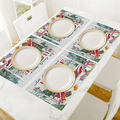 Merry Christmas Placemats Buffalo Plaid Red Truck with Christmas Tree, Winter Snowy Snowflake Snowman Placemats Table Kitchen Dining Party 12x18 Inch Set of 4