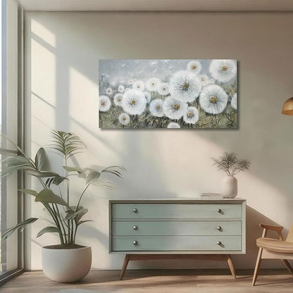 Ardemy Flower Wall Art Canvas Dandelion Painting White Floral Picture, Textured Large Framed for Living Room Bedroom Kitchen Dining Room Bathroom Home Office Decor 40"x20"