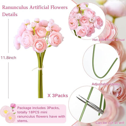 ASTRYAS Ranunculus Artificial Flowers, 18 Pcs Blush Faux Silk Mini Ranunculus Bulk Fake Wedding Filler Flowers for DIY Pink Bouquets, Centerpieces, Bridal Shower Decorations, Pink