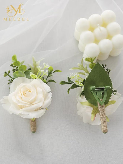 Meldel Boutonniere for Men Wedding, Set of 6, Artificial Champagne Rose Flower Corsage for Groom and Best Man, Ceremony Anniversary Formal Dinner Party, Fall Vintage Rustic Marriage Prom Decor