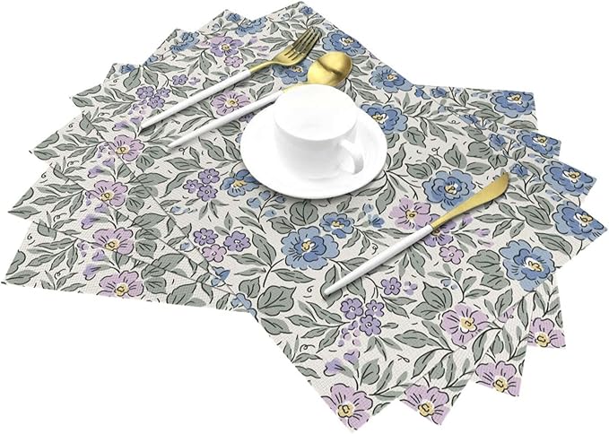 Placemats Set of 4 PVC Woven Place Mats Heat Resistant Easy to Clean for Indoor Outdoor Party Kitchen Dining Table Decoration 12"x18",Floral Pattern