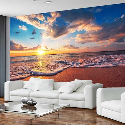 Sunset Over The sea, Blue Sky, White Clouds and sea Water Form a Beautiful Natural Landscape Wallpaper, Large Background Wall murals(Non-self-Adhesive)