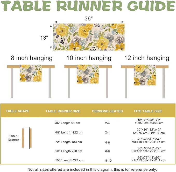 Seliem Spring Yellow Floral Flowers Table Runner, Rose Peony Watercolor Kitchen Dining Table Decor, Seasonal Summer Burlap Home Decoration Indoor Outdoor Party Supply 13 x 36 Inches