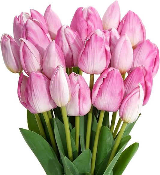 Real Touch Artificial Tulips, 20pcs Fake Tulip Flower Stem, PU Faux Tulip 19.7” for Mother's Day Easter Valentine's Gift, Home Decor Wedding, Table Centerpiece Floral Creation, Pinkish Purple