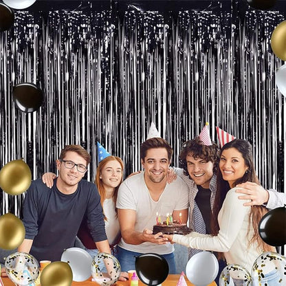 TONIFUL 3Pcs Black Door Streamers,Photo Booth Backdrop,Metallic Streamers Black Foil Fringe Curtains for Birthday,Christmas,New Year,St. Patrick's Day Halloween Party Streamers Decor(9.9ft x 6.6ft)