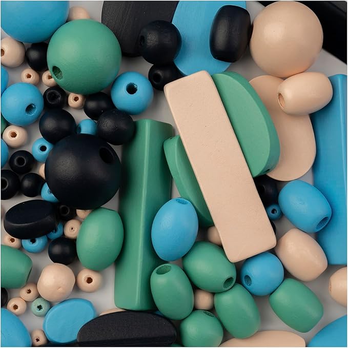 John Bead 90g Craft Beads Blue/Light Blue/Natural/Green Wood Beads with Elastic Nylon Cord
