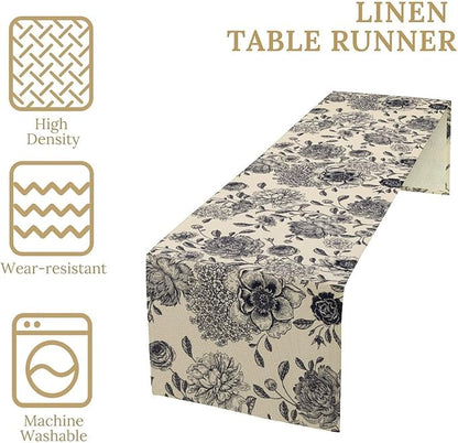 Black White Flower Table Runner,Vintage Wildflower Decor Table Runner for Home Kitchen Table Dining Indoor Outdoor Party Decor 13x108 Inch