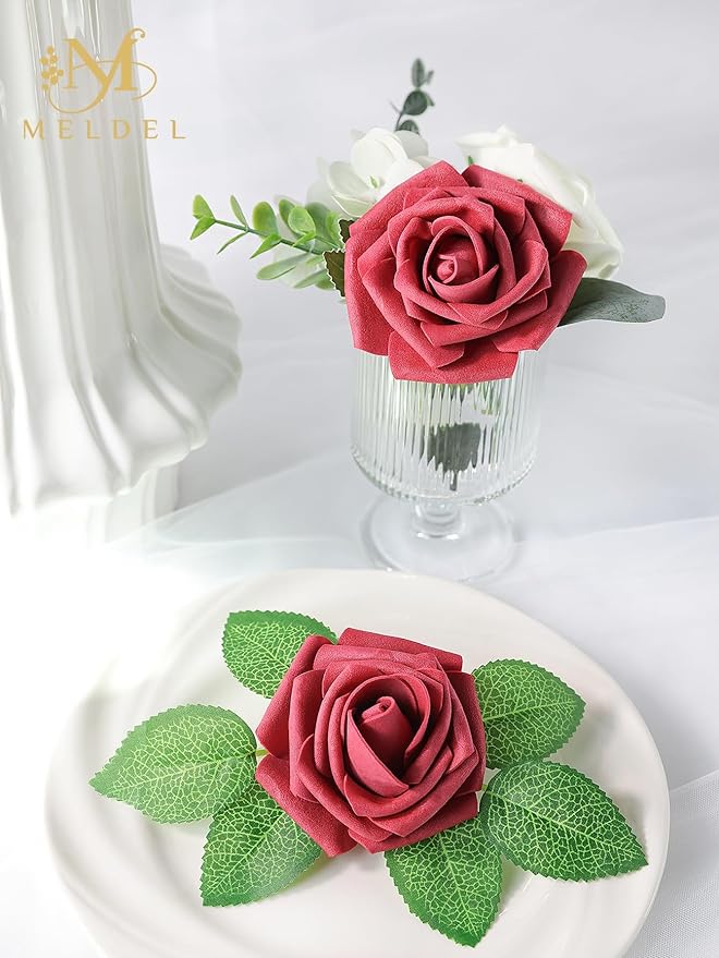 Meldel Artificial Flower 50pcs Real Looking Red Rose Fake Foam Roses with Stems for DIY Wedding Bouquets Gifts Bulk Crafts Faux Floral Centerpieces Arrangements Home Party Tables Decorations