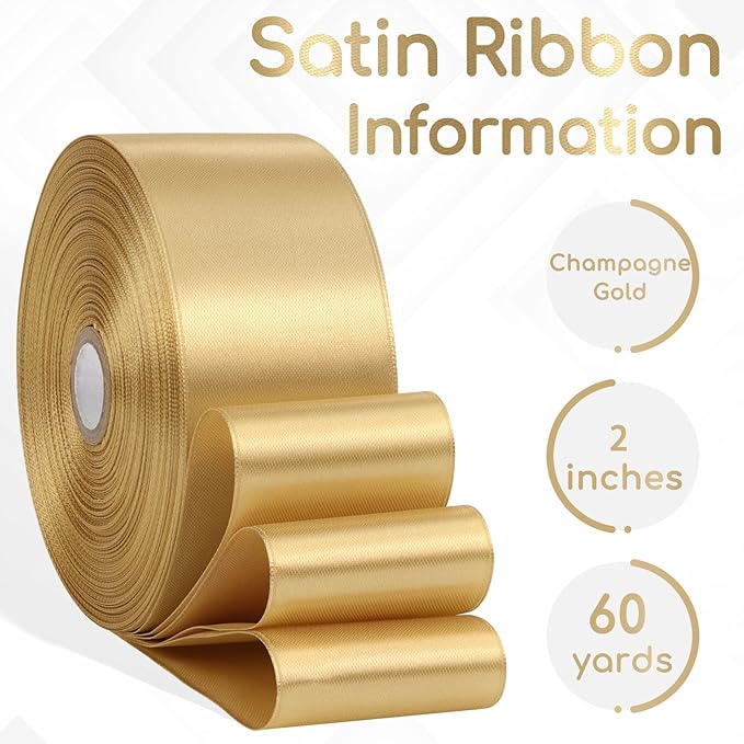 Champagne Gold Ribbon 2 Inch, 60 Yards Gold Satin Ribbon for Crafts, Gift Wrapping, Birthday Party, Flower Bouquet, Bows, Wedding and Festival Decor