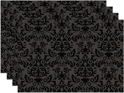 Placemats Set of 4 Vintage Black Damask Floral Dining Place Mats Linen Table Mat for Farmhouse Home Kitchen Decor 12 X 18 Inch