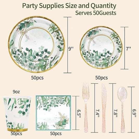 350 Pcs Sage Green Plates and Napkins Party Supplies Serve 50 Sage Green Baby Shower Decorations Eucalyptus Paper Plates and Cups And Napkins Sets for Boho Birthday Wedding Baptism Bridal