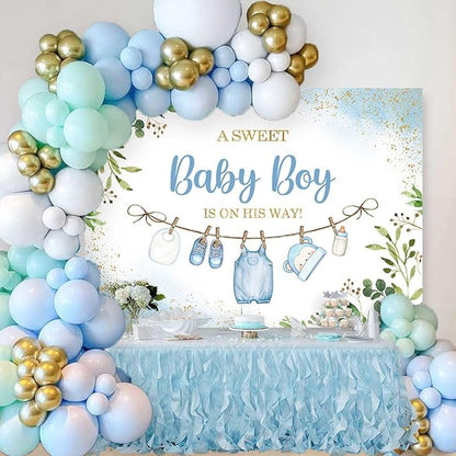 Sensfun Cute Clothes Baby Shower Backdrop for Boys A Sweet Baby Boy is On His Way Banner Greenery Eucalyptus Leaves Welcome Baby Boy Baby Shower Party Decorations Banner Photo Booth Props 7x5ft