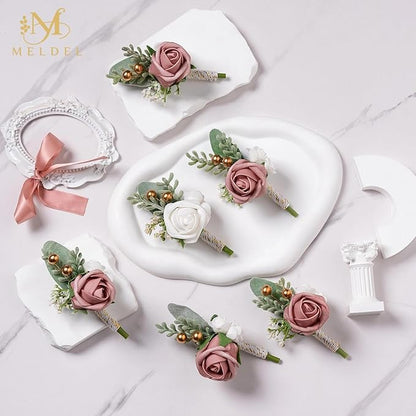 Meldel Pink Boutonniere for Men Wedding,Set of 6,Dusty Rose Groom Groomsmen Boutonniere for Wedding,Prom,Homecoming,Party,etc.