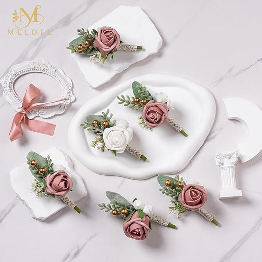 Meldel Pink Boutonniere for Men Wedding,Set of 6,Dusty Rose Groom Groomsmen Boutonniere for Wedding,Prom,Homecoming,Party,etc.