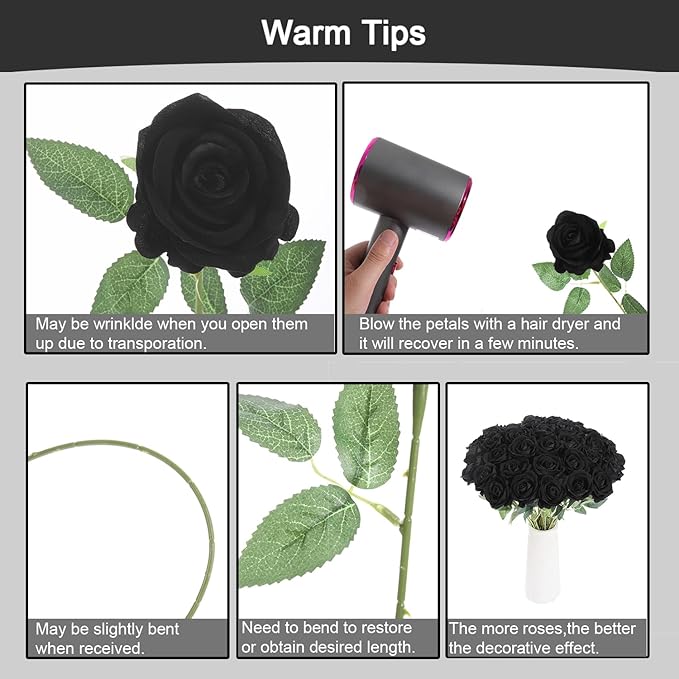 50Pcs Black Roses Artificial Flowers Fake Rose Faux Velvet Silk Flowers for Home Wedding Decoration (Pearl Roses, Pure Black)