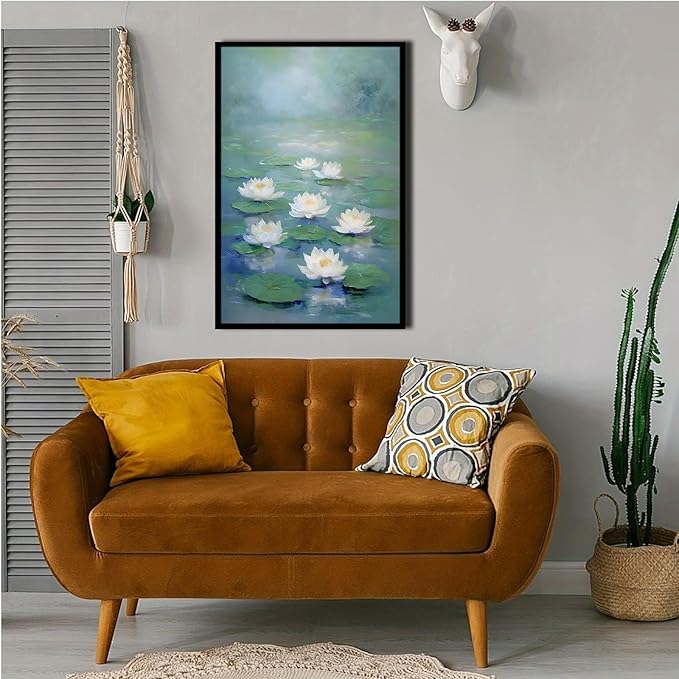 Zen wall art Delicate white lotus flower floating on calm water Vintage oil painting print Serene aquatic wall art creates a tranquil home decor 8x12in Metal blackFramed