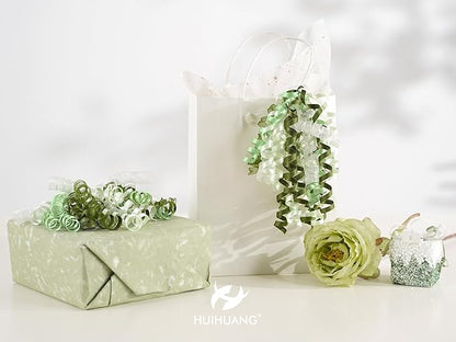 HUIHUANG Green Bows for Gift Wrapping Moss/Sage/Ivory Curly Bows with Self Adhesive & Twist Tie, 7 inch Sheer Satin Ribbon Bow for Presents, Gift Basket, Wedding Decor, Party Favors- 6 Counts