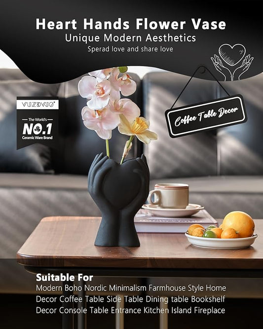 8" Heart Hand Black Ceramic Vase - Unique Modern Aesthetic Flowers Vase for Living Room Bedroom Office Kitchen Table Centerpiece or Shelf Decor-Gifts for Wedding Bridal Shower Women Mom (Black)