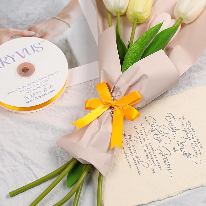 Double Faced Yellow Gold Satin Ribbon, 5/8 Inch X 25 Yards Polyester Ribbon for Gift Package Wrapping, Crafts, Bow Making, Sewing, Flower Bouquet, Wedding Party Decor