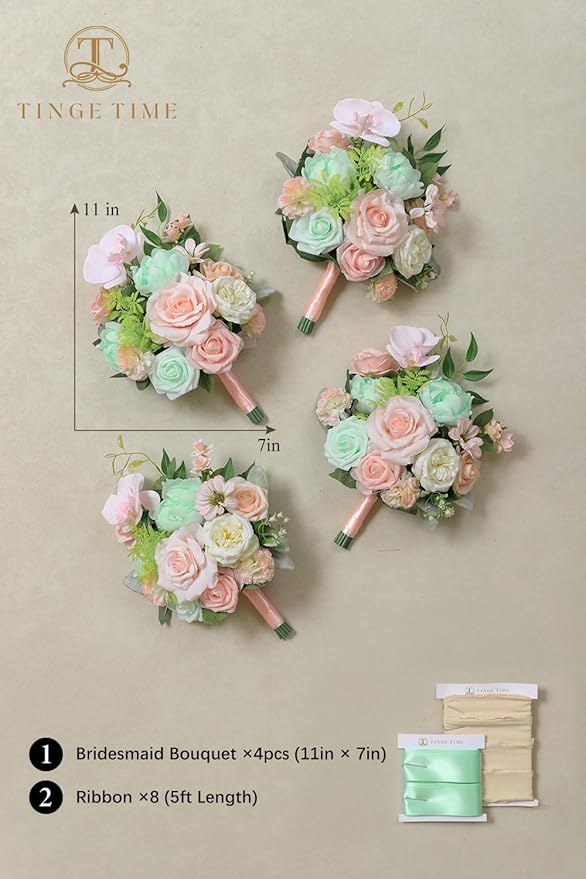 TINGE TIME 7 Inch Artificial Flowers Wedding Bouquets for Bridesmaid, Set of 4, Mint Green & Pink Bride Tossing Bouquet for Rustic Wedding Ceremony Bridal Shower Rehearsal Dinner Vintage Party