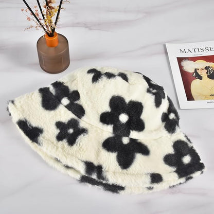 Winter Soft Faux Fur Plush Bucket Hat, Lovely Fisherman Cap, Fashion Outdoor Thick Warm Sun Cap for Women
