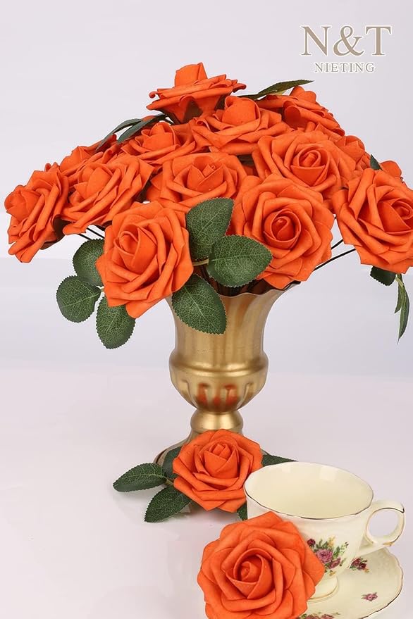 N&T NIETING Artificial Flowers, Fake Flowers Burnt Orange Roses Perfect for DIY Wedding Bridal Bouquets Centerpieces Bridal Shower Party Home Flower Arrangement Decorations, 50Pcs