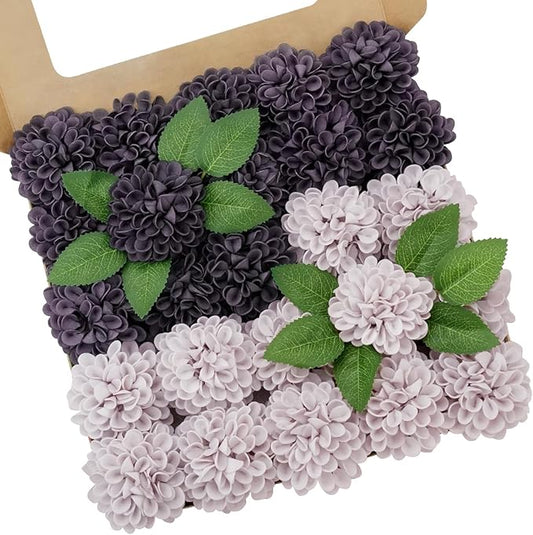 Artificial Flowers, 100pcs Realistic Artificial Rose for DIY Wedding Bouquets Centerpieces Arrangements, Dark Purple and Light Purple Dahlia Flowers with Stem for Bridal Shower Party Home Decorations