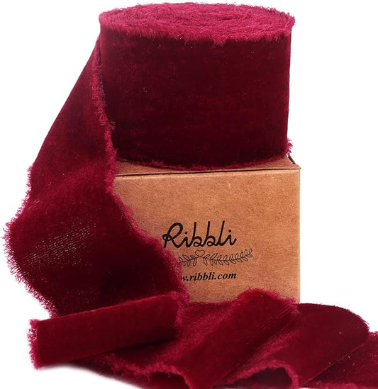 Ribbli Burgundy Velvet Ribbon 2 Inch Handmade Frayed Vintage Christmas Ribbon for Gift Wrapping Christmas Tree Ornament Wreath Craft Home Decor -3 Yards