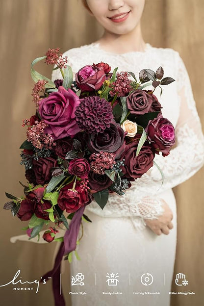 Ling's moment Red Bridal Bouquet Cascading, Burgundy Wedding Bouquets for Bride, 13 Inch Bride Bouquets for Wedding Artificial Flowers Bouquets