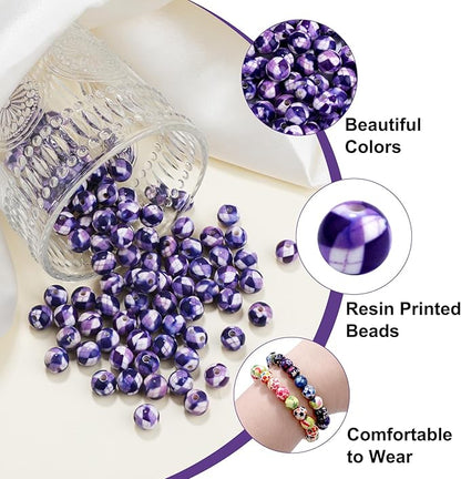 100 PCS 10mm Resin Beads Bulk for Bracelet Making Kit, Purple and White Grid Printed Round Loose Beads for Jewelry Earring Necklace Rings Art Craft DIY Projects