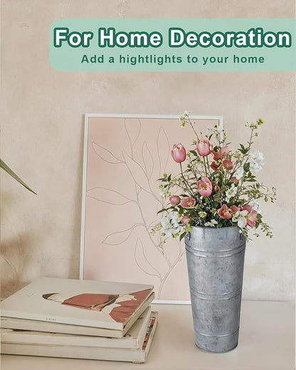 9 Inch Galvanized Metal Vases for Flowers - 6 Pcs Farmhouse Decorative Tall Flower Bucket with Handles, Rustic French Tin Planter Buckets for Wedding Decor (Silver)
